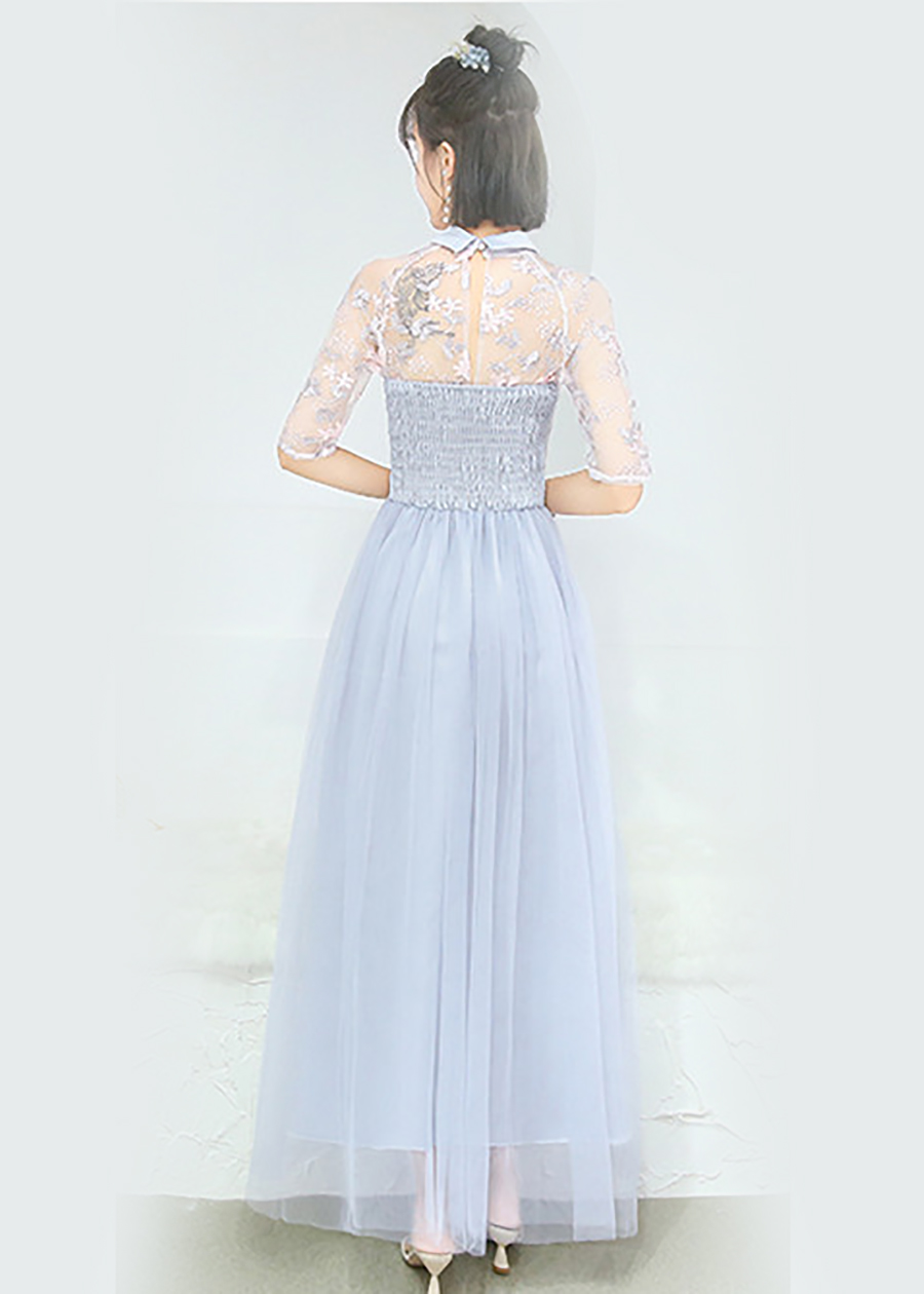 เดรสราตรียาวออกงานสีเทา คอปก แขนผ้าโปร่งลายปัก