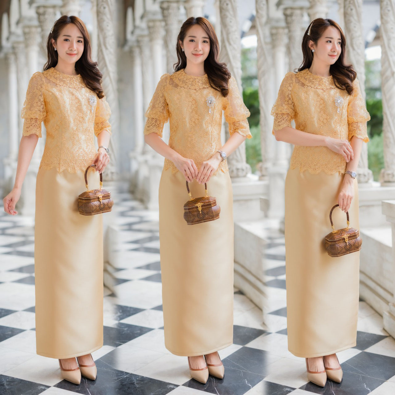 kudapy Set งาน2ชิ้น เสื้อ+กระโปรง เสื้อลูกไม้ทอปักเลื่อม ลูกไม้ใยบวบย้อมสีแบบพิเศษ คอกลม แขนเป็นบอลลูน