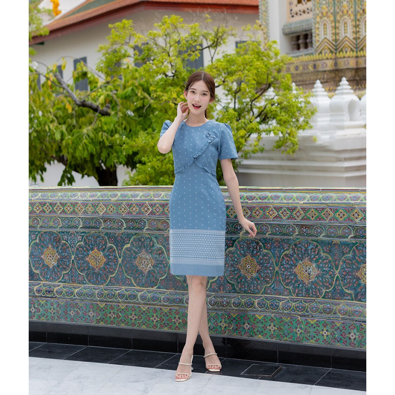 kudapy เดรสสั้นสีฟ้า ผ้าไทยวันแม่เข้ารูป ใส่ออกงาน ใส่ทำงานสวยดูดี