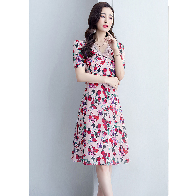 kudapy ชุดเดรสใส่ทำงาน ผ้าชีฟองเนื้อดีโทนสีชมพู พิมพ์ลายดอกไม้โทนสีแดง