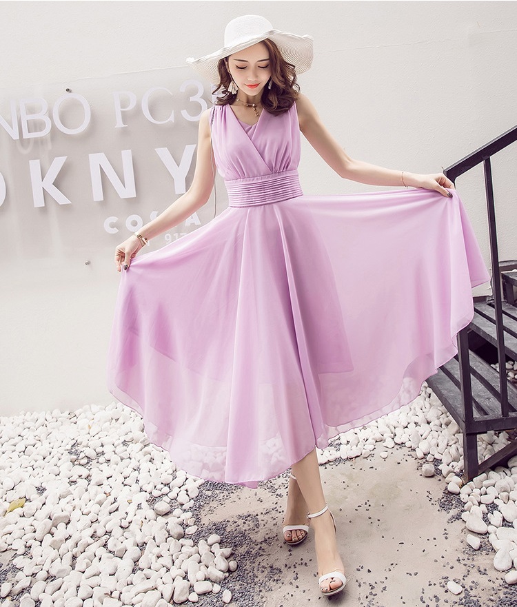 kudapy แม็กซี่เดรสยาวคอวีสีชมพูโอรส/สีม่วง/สีขาว/สีเขียวเข้ม/สีน้ำเงินสด เดรสยาวแขนกุด ผ้าชีฟองทิ้งตัว พริ้วมากค่ะรุ่นนี้ใส่ไปทะเล ไปงานได้น้าา