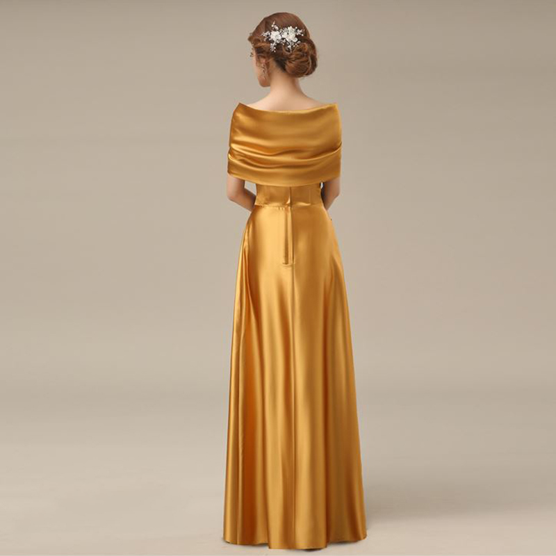 kudapy ชุดราตรียาวสีทอง ปิดไหล่ แต่งดอกกุหลาบจับจีบสวย ผ้าซาติน