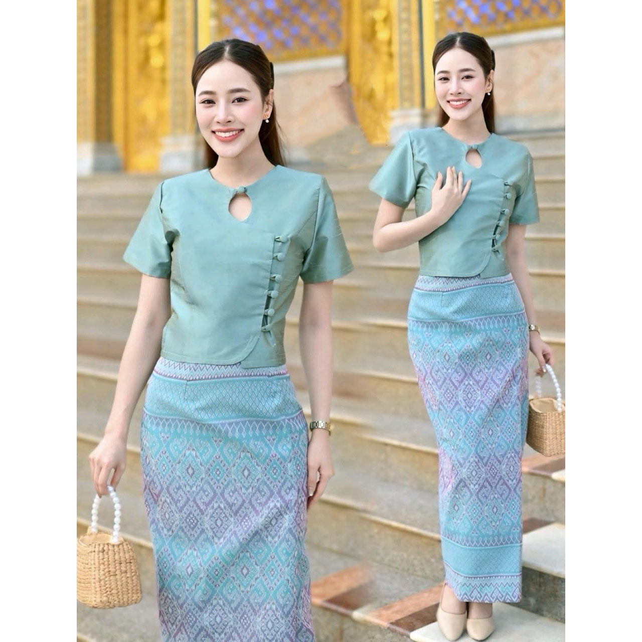 kudapy ชุดเซ็ทสื้อผ้าไหมแพรทิพย์+ ผ้าถุงสำเร็จทอลายอัดกาวอบน้ำยา