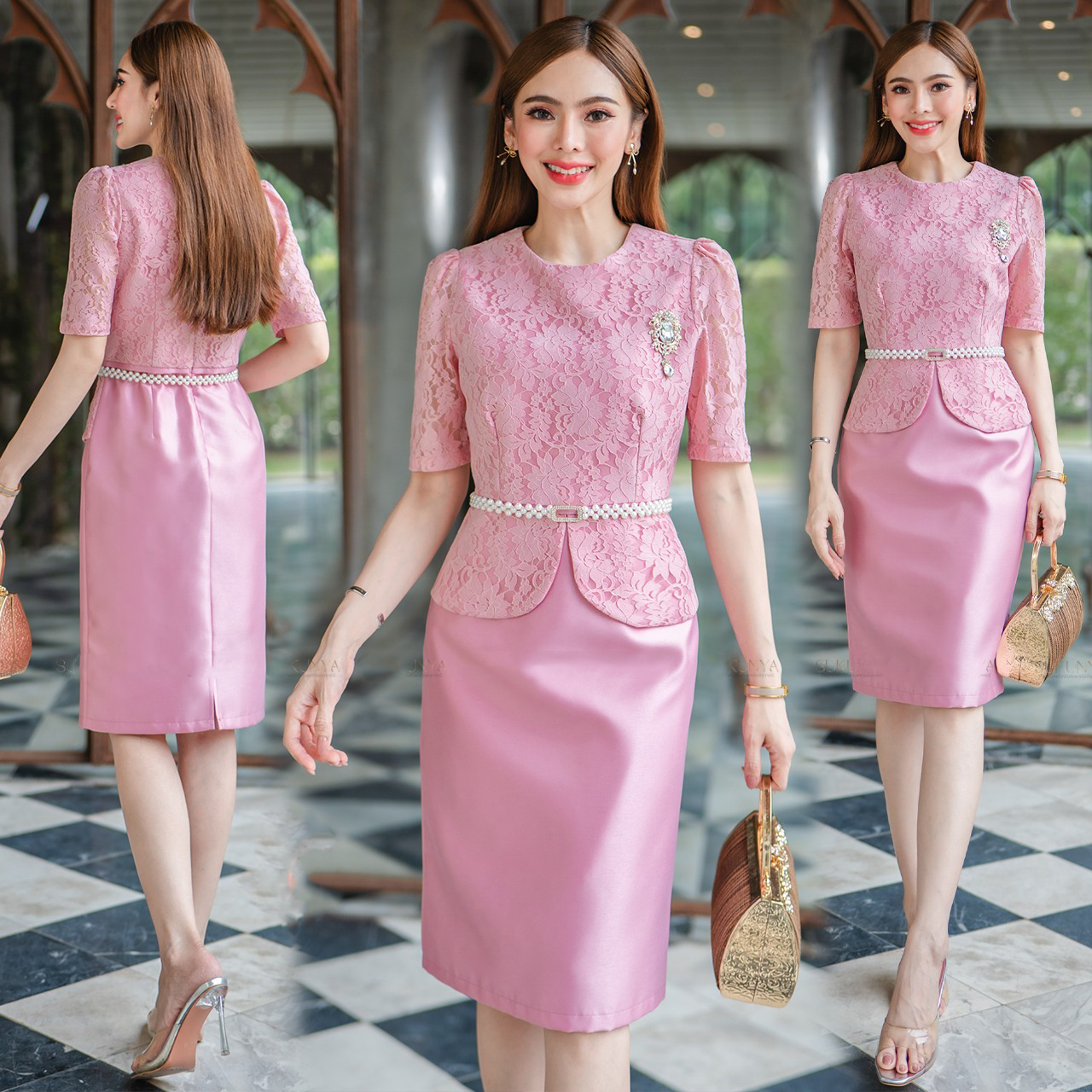 kudapy เดรสสั้นสีครีม / ชมพู ผ้าไหมงานชิ้นเดียวทรงเออัดกาว แต่งลูกไม้ฝรั่งเศษกุ๊นเอว