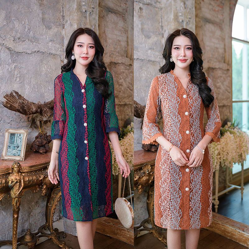 kudapy เดรสสั้นสีน้ำตาล/สีเขียว ทรงสวยใส่ลำลอง ทำงาน สวยเรียบหรูค่ะ ผ้าลุกไม้ลายสวย กระดุมหน้าตกแต่งมุก(กระดุมหลอกตกแต่งสวยงาม