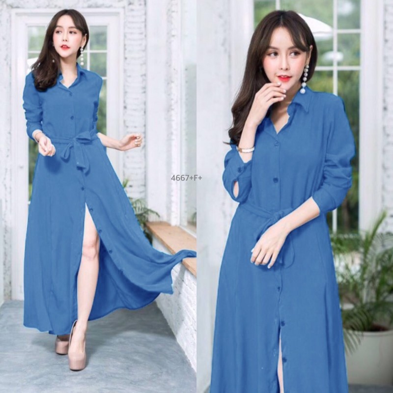 kudapy Maxi Dress แม็กซี่เดรสเชิ้ตแขนยาว สีพื้น งานเชิ้ตแต่งคอปกกระดุมช่วงหน้ายาวข้างเอวเย็บติดสายผูกเอว