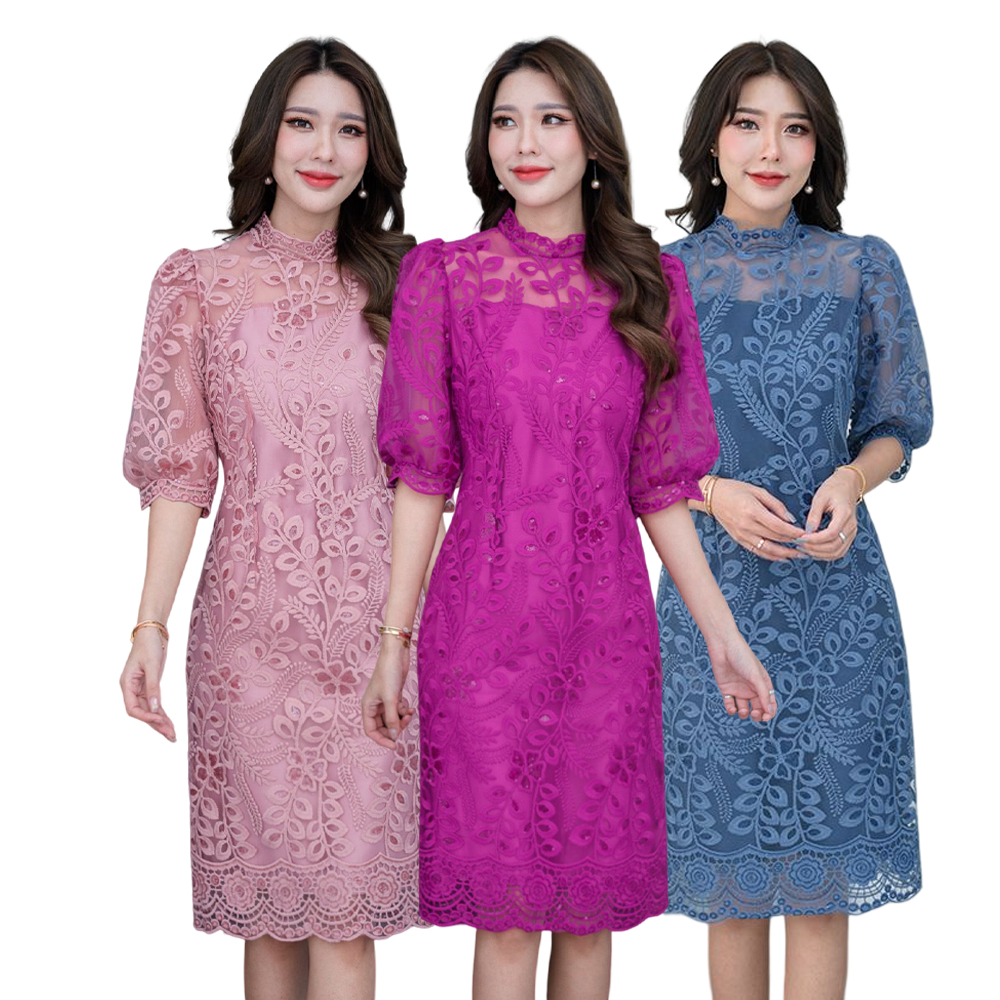 kudapy เดรสสั้นลูกไม้สีฟ้าคราม/สีชมพูอ่อน/สีชมพูบานเย็น เดรสคอจีน แต่งแขนพองบอลลูนสีส่วน
