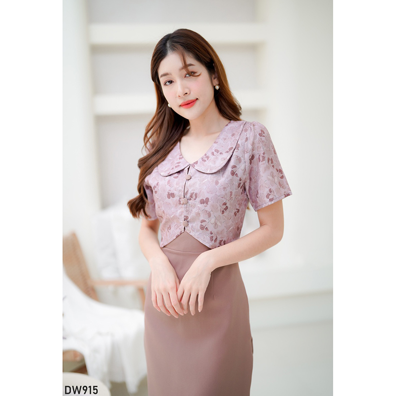 kudapy เดรสสั้นสีน้ำตาล/สีชมพู/สีม่วง ลายดอกคอบัว