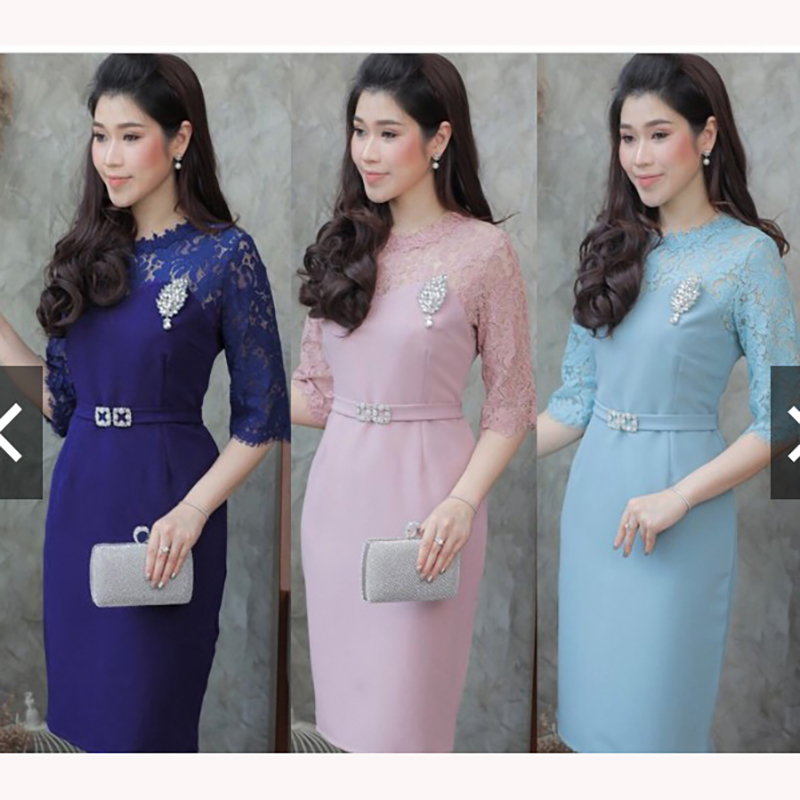 kudapy เดรสสั้นผ้าลูกไม้สีฟ้าอมเทา/ชมพูกะปิ/น้ำเงินเข้ม แขนสามส่วน ไหล่และแขนเย็บแต่งลูกไม้