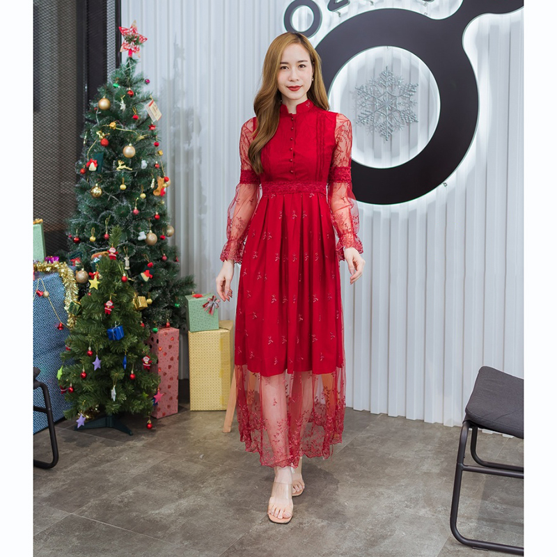 kudapy เดรสยาวสีแดง/สีชมพู/สีขาว คอจีนแขนลูกไม้ซีทรู สวยดูดีน่าารัก