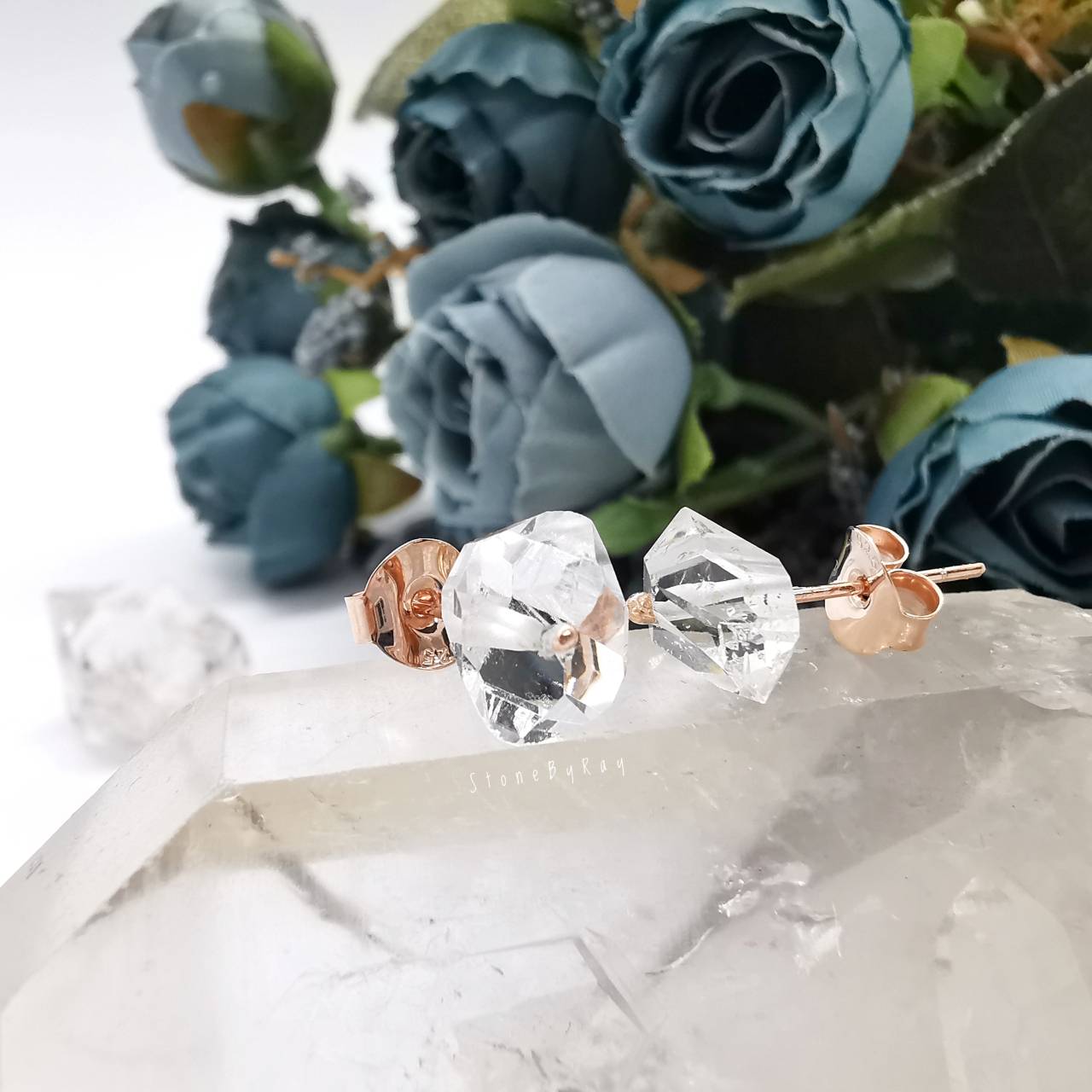ต่างหูเงินชุบพิ้งโกลด์หินเฮอร์คิเมอร์ไดม่อน Herkimer Diamond