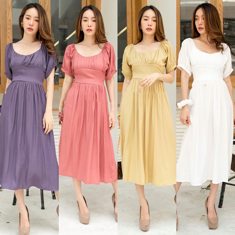 kudapyเดรสยาวสีขาว/เหลือง/ชมพู/ม่วง ทรงน่ารักมากๆเลย จะใส่ปาดไหล่ก็ได้ด้วยค่ะ เอวสม็อค
