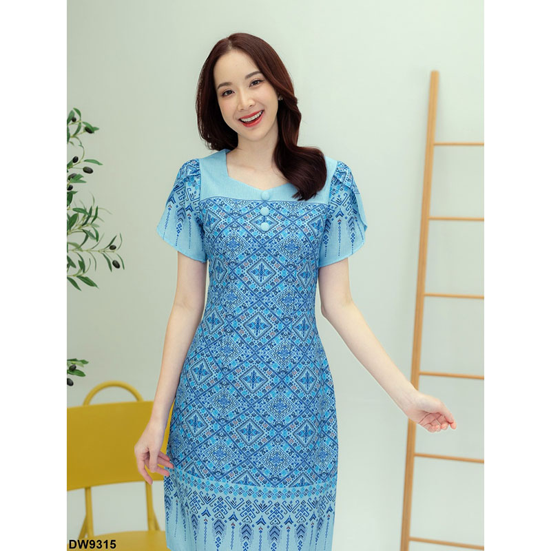 kudapy เดรสสั้นสีฟ้า/สีชมพู/สีม่วง ผ้าลายไทยแขนกลีบบัว