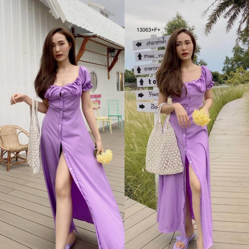 kudapy เดรสกระดุมผ่าหน้ายาวสีส้ม เขียว ม่วง คอกว้าง ผ้าไหมอิตาลี่ ใส่ได้ 2 แบบ ปาดไหล่