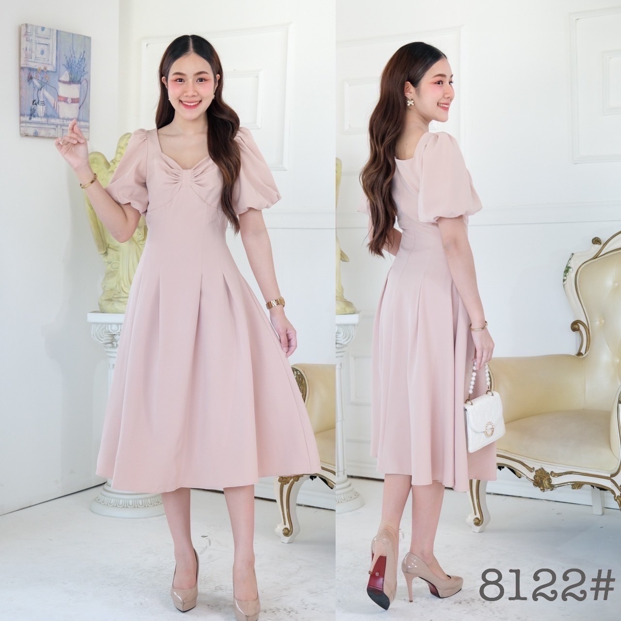 kudapy เดรสสั้นสีขาว,ชมพูเข้ม,ครีมนู๊ด,ฟ้าอมเทา,มิ้น คอเหลี่ยม แขนตุ๊กตา ช่วงอกแต่งโบว์ ตติ้ง เอวสูง ตีเกร็ดเอว กระโปรงบาน เย็บยากแต่ออกมาเน้นเอว