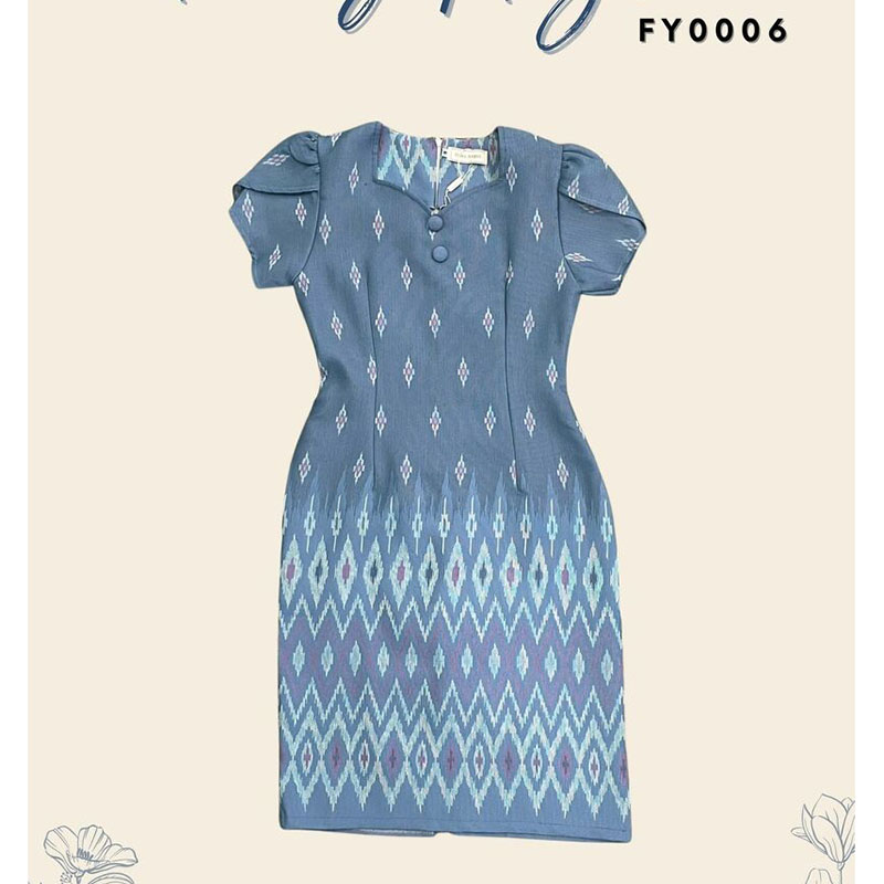 kudapy เดรสสั้นสีฟ้า/สีครีม/สีชมพู ผ้าทอแขนกลีบบัว ผ้าลายไทย ใส่ออกงานสวยดูดี