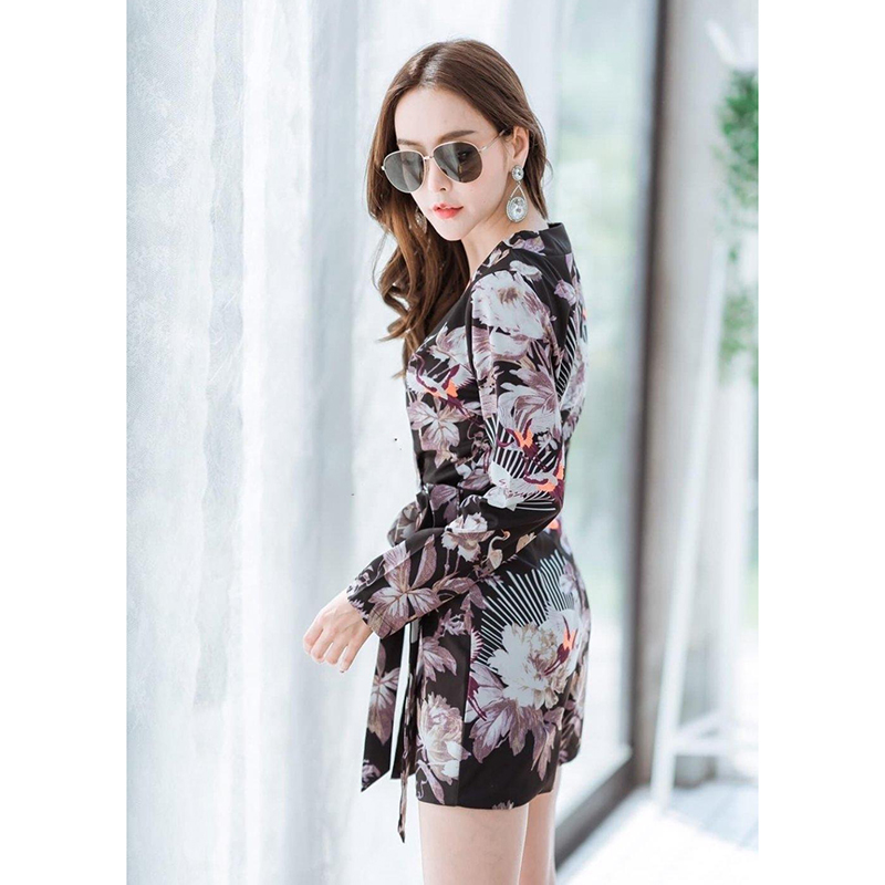 kudapy จั้มสูทแขนยาว แพทเทินสวย พิมพ์ลายเก๋ คอวีทบผูกกัน