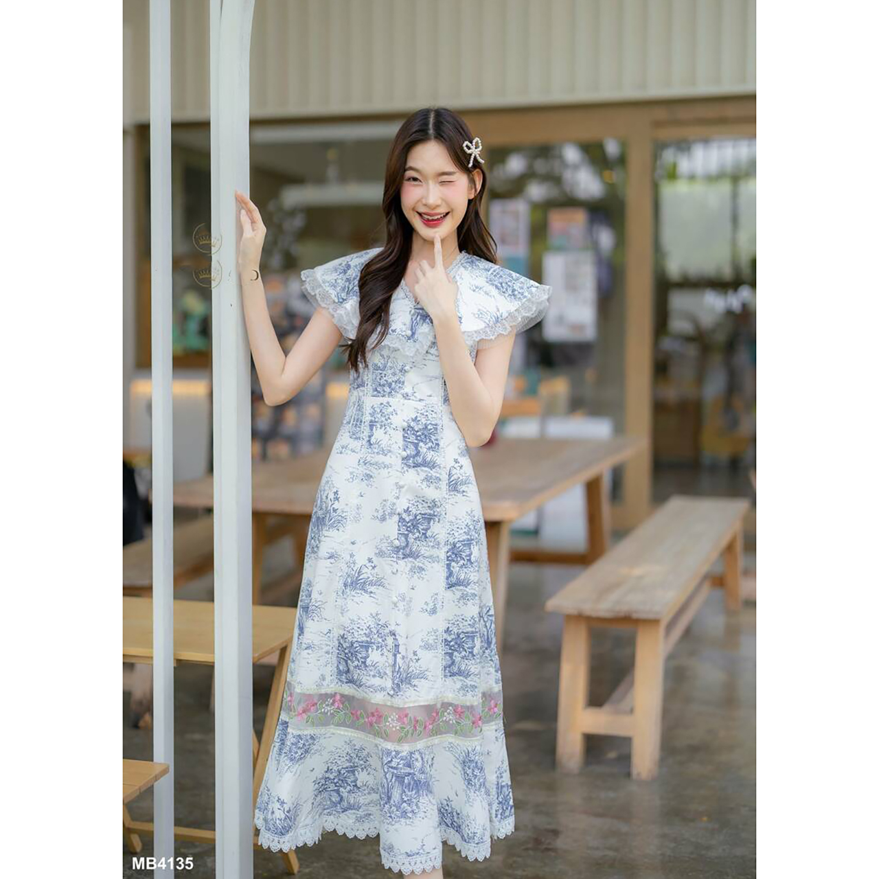 kudapy เดรสยาวสั้นสชมพู/สีฟ้า คอปกแต่งระบาย