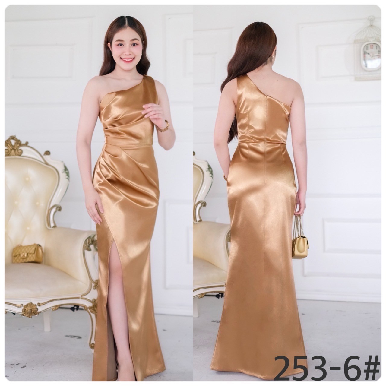 kudapy เดรสยาว บ่าเดี่ยวจับจีบช่วงเอว ผ่ากระโปรงสาบทบหน้า ผ่าข้างเดินโชว์ขา