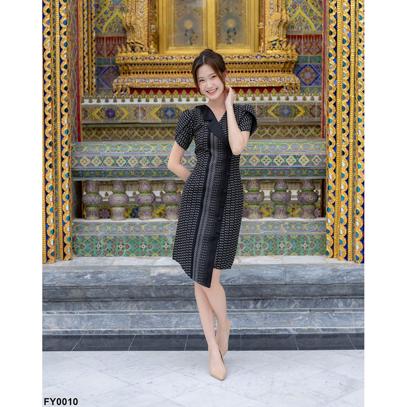 kudapy เดรสสั้นสีดำ/สีม่วง/สีชมพู ผ้าทอแต่งปกเทเลอร์แขนกลีบบัว