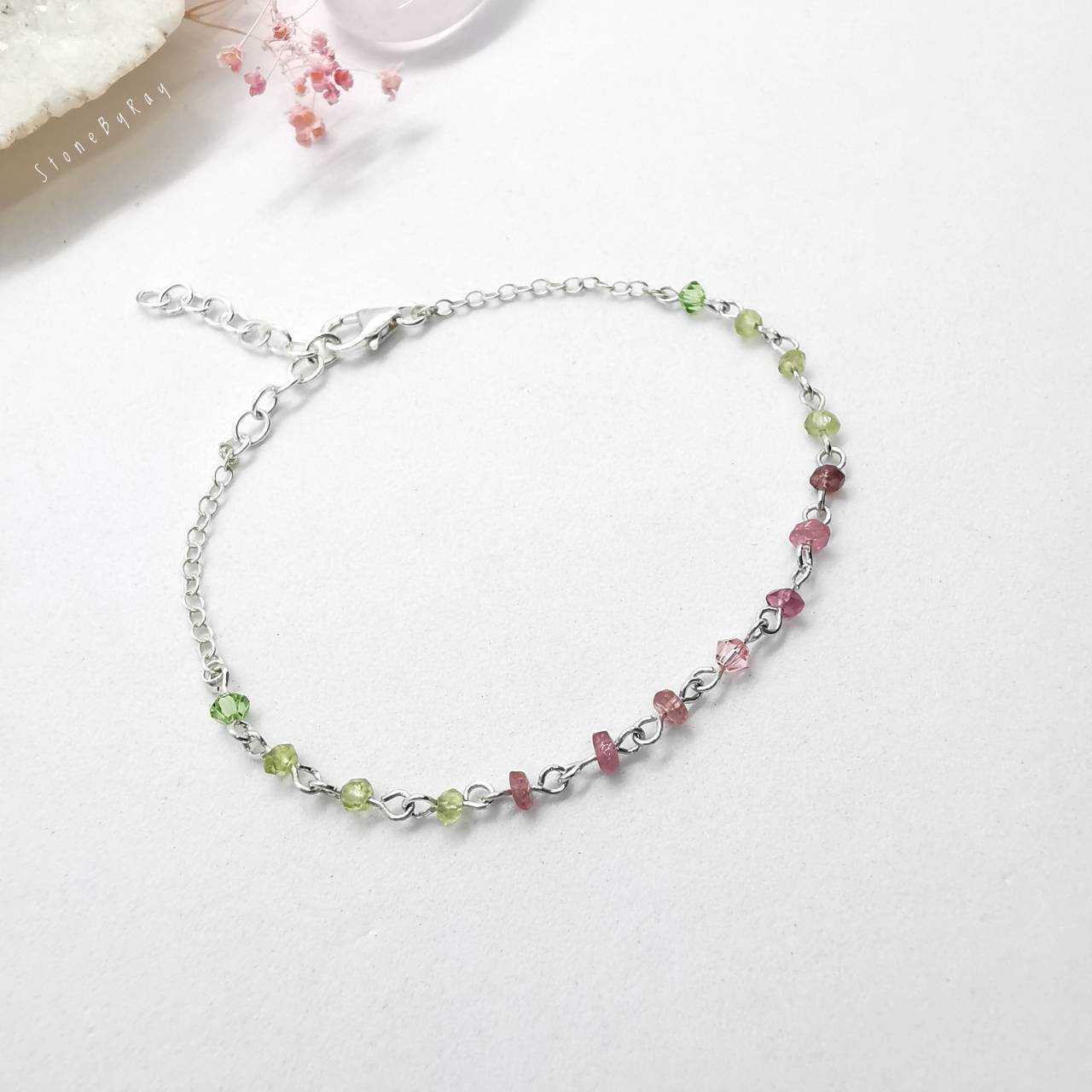 สร้อยข้อมือเงินหินทัวมาลีน+เพอริดอท Tourmaline+Peridot