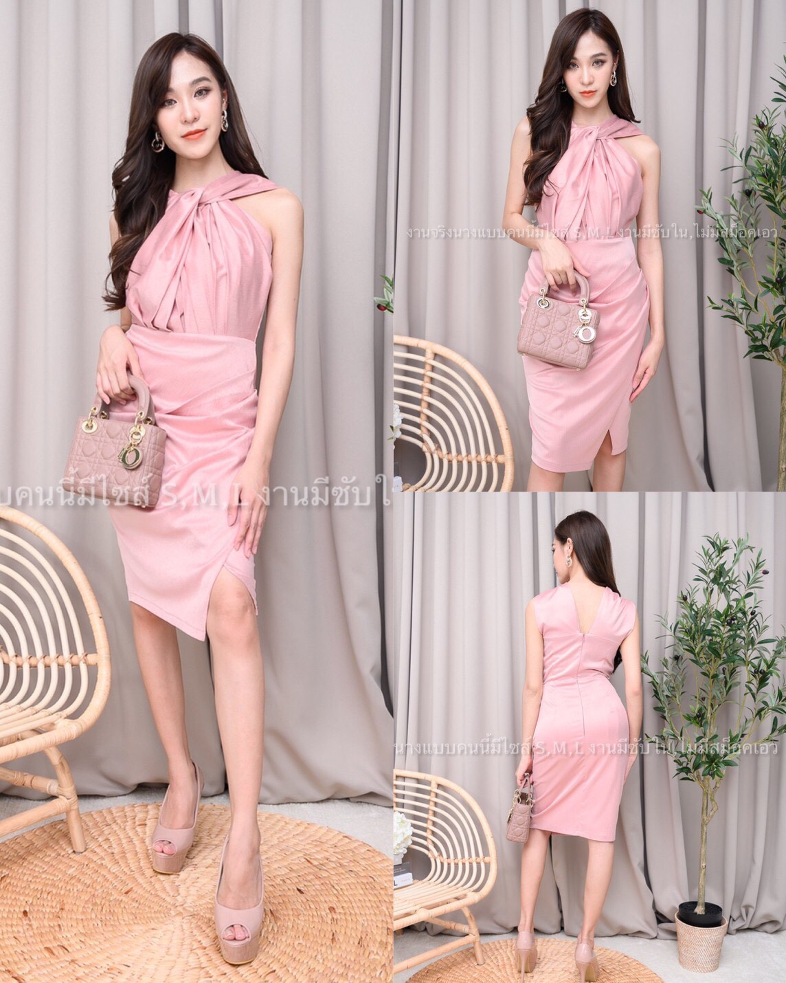 kudapy เดรสสั้นจับจีบรวบคอ กป สั้น จีบข้าง ผ้าเครปซาติน สีเทาอมกรม