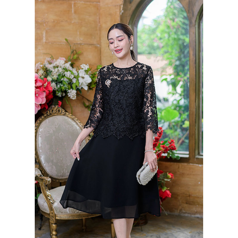 kudapy เดรสสั้นลูกไม้ไปงานสีฟ้าคราม/สีดำ/สีชมพู/สีกะปิ คอกลม แขนสามส่วน เดรสแต่งชีฟอง มีซับใน ทรงสวยมากค่ะ