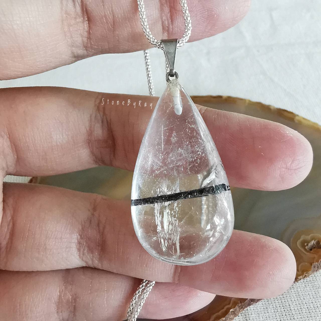 สร้อยคอเงินจี้หินไหมดำ Black Tourmaline Quartz