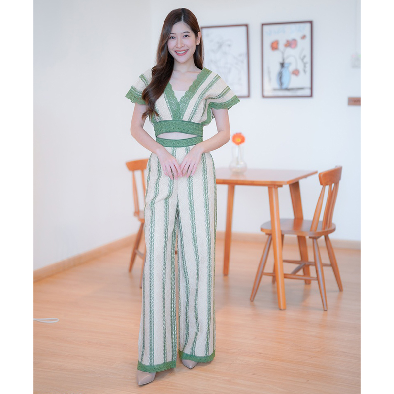 kudapy เซ็ต2 ชิ้น ขายาว ผ้าลูกไม้แขนกุด + กางเกงขายาว สีดำ/สีเขียว ใส่เที่ยว ใส่สบายสวยดูดี