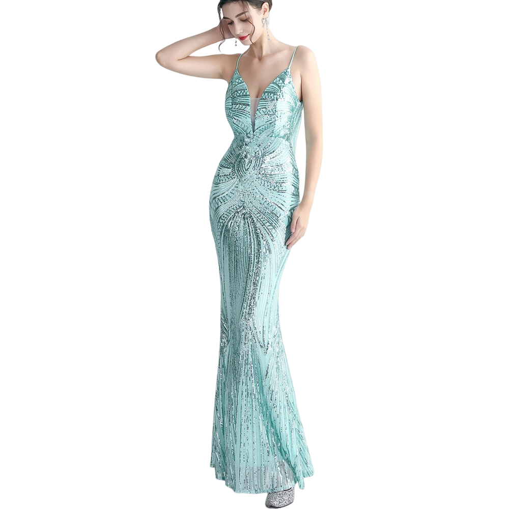 kudapy ชุดราตรียาวผ้ากริสเตอร์สายเดี่ยวคอวี โชว์หลัง สีเขียว,สีแดงเบอร์กันดี้,สีดำ,สีเงิน,สีชมพูโรสโกลด์ สีเขียวมิ้นท์ สีฟ้า ผ้าขยายได้ สวมเข้ารูป