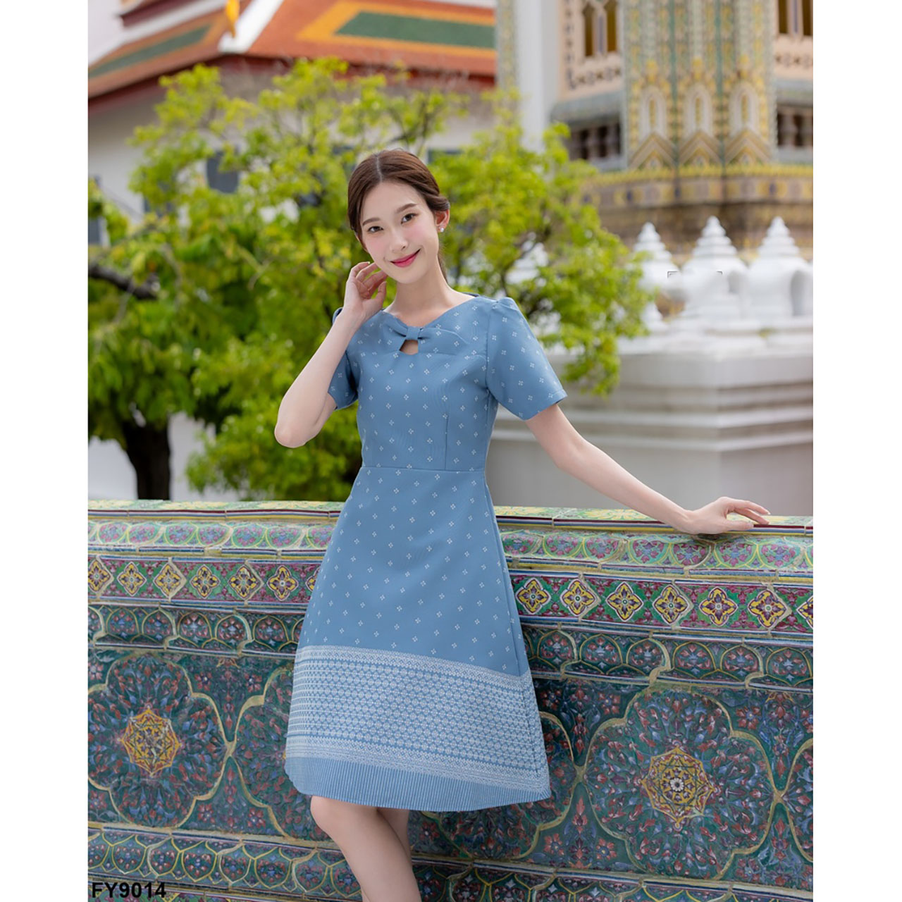 kudapy เดรสสั้นสีฟ้า ผ้าไทยวันแม่ทรงบาน แขนสั้น