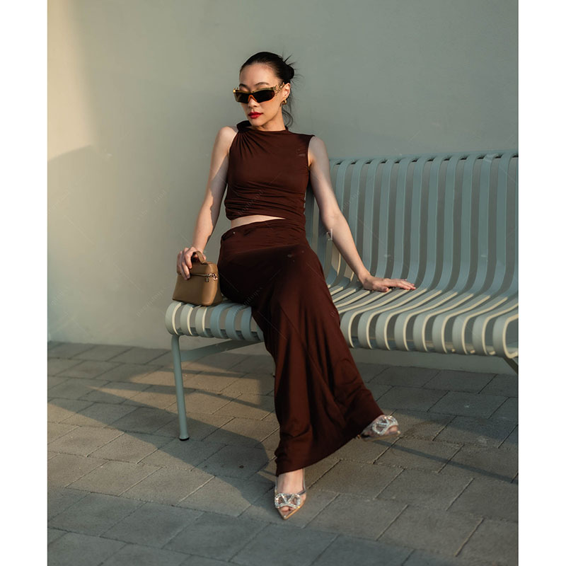 kudapy set สีน้ำตาล/สีดำ แขนกุดมัดข้าง+กระโปรงยาวมัดข้าง