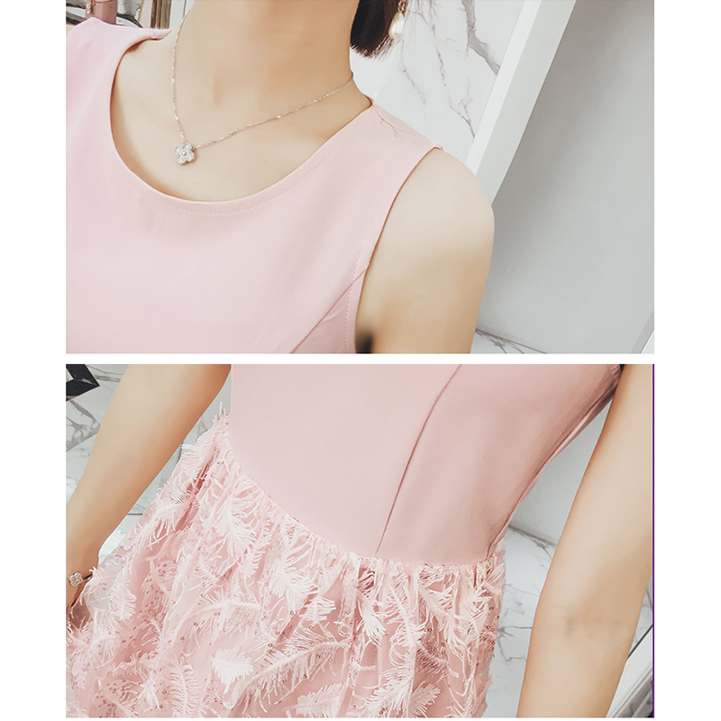 kudapy ชุดเดรสสีชมพู แขนกุด กระโปรงผ้าขนนกฟรุ้งฟริ้ง