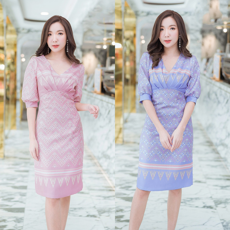kudapy เดรสสั้นสีชมพู/สีม่วง คอวีสายรัดเอวใสออกงานสวยดูดีมากๆ
