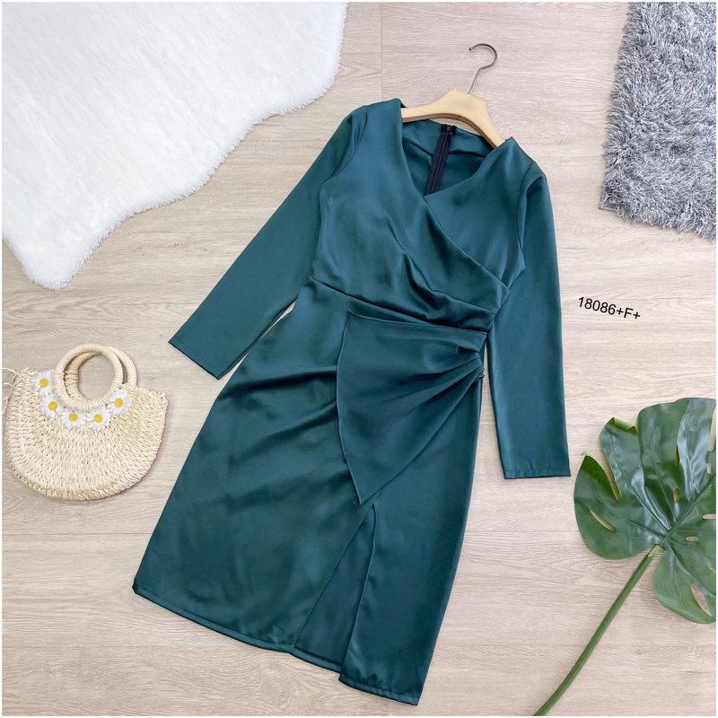 kudapy เดรสแขนยาวสีพื้น แต่งจีบ ผ่าหน้า ชุดออกงาน ชุดเพื่อนเจ้าสาว เดรสงานแต่ง ใส่ไปเที่ยวสวยดูดี