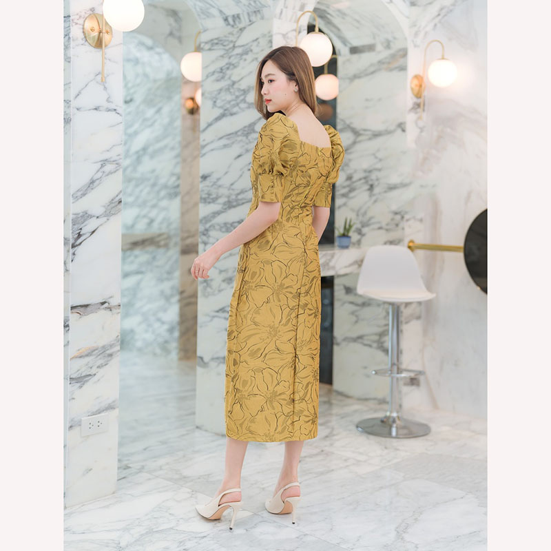 kudapy เดรสยาวสีชมพู/สีแดง/สีเหลือง ผ่าหน้าแขนตุ๊กตา สวยดูดีใส่สบาย