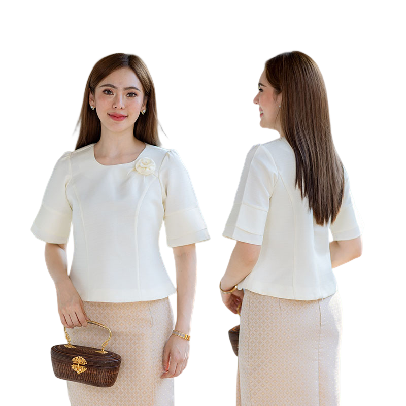 kudapy เสื้อออกงานสีขาว/สีม่วง/สีส้ม/สีฟ้า งานผ้าไหมฝรั่งเศสสีพื้น อัดกาวให้ทั้งตัว ทรงสวยตามแบบ การตัดเย็บเนียบ ทรงสวย ใส่สวยทุกรูปร่าง