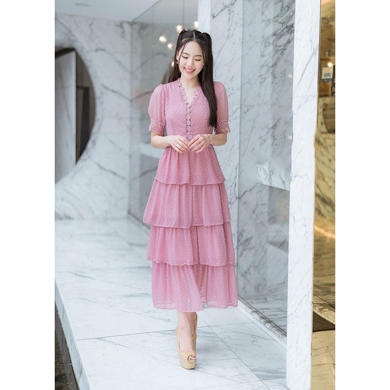 kudapy เดรสยาวสีชมพู กระโปรงยาวชั้นชีฟองจุด