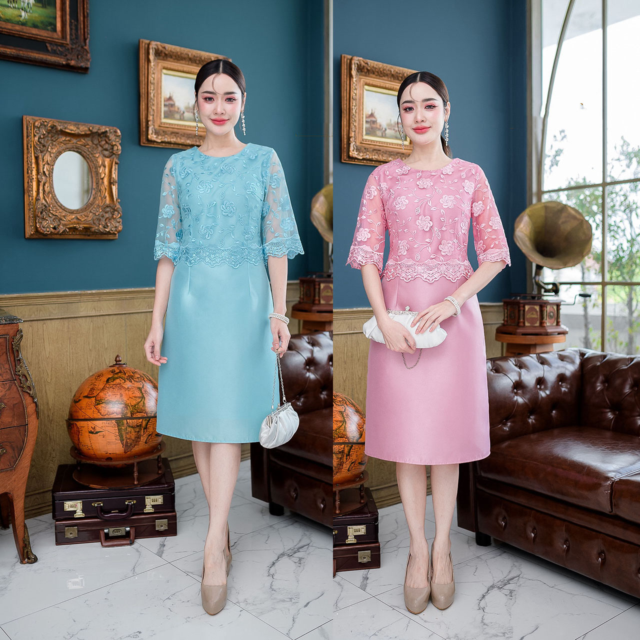 kudapy เดรสสั้นสีชมพู/สีฟ้า ผ้าไหม ผ้าตาข่ายปักลายดอกไม้ งานดี สวยมีซับในทั้งชุด