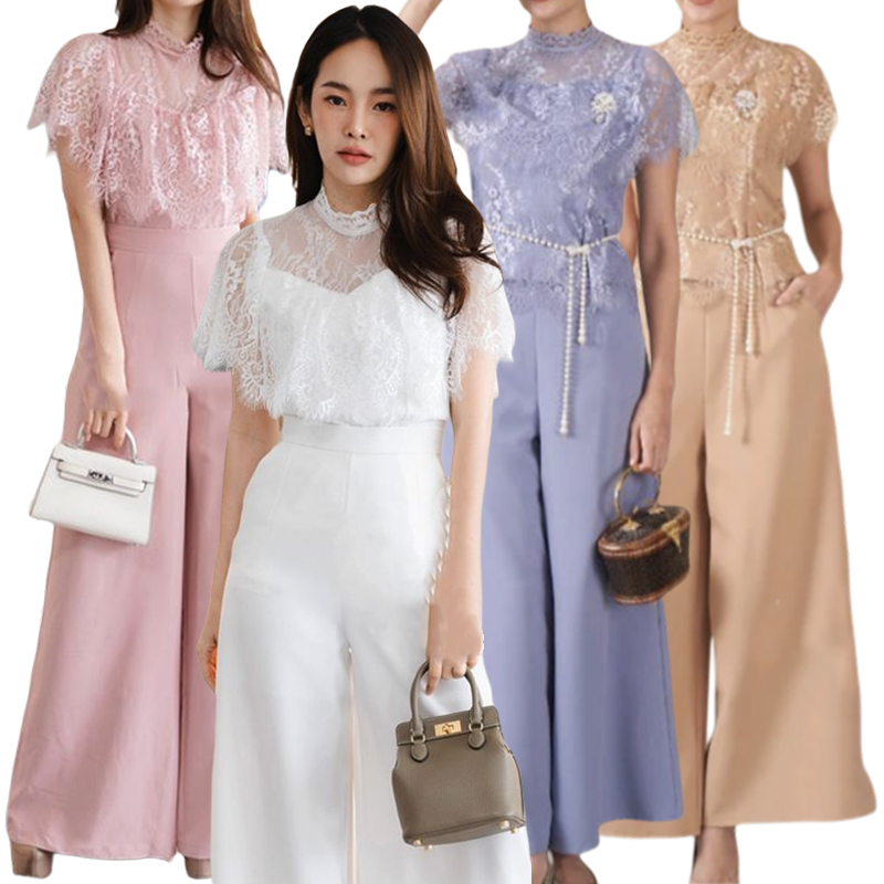 kudapy เซท 2ชิ้น เสื้อลูกไม้+กางเกงขายาว สีขาว/สีชมพู/สีฟ้าเทา/สีทอง แต่งระบายอก