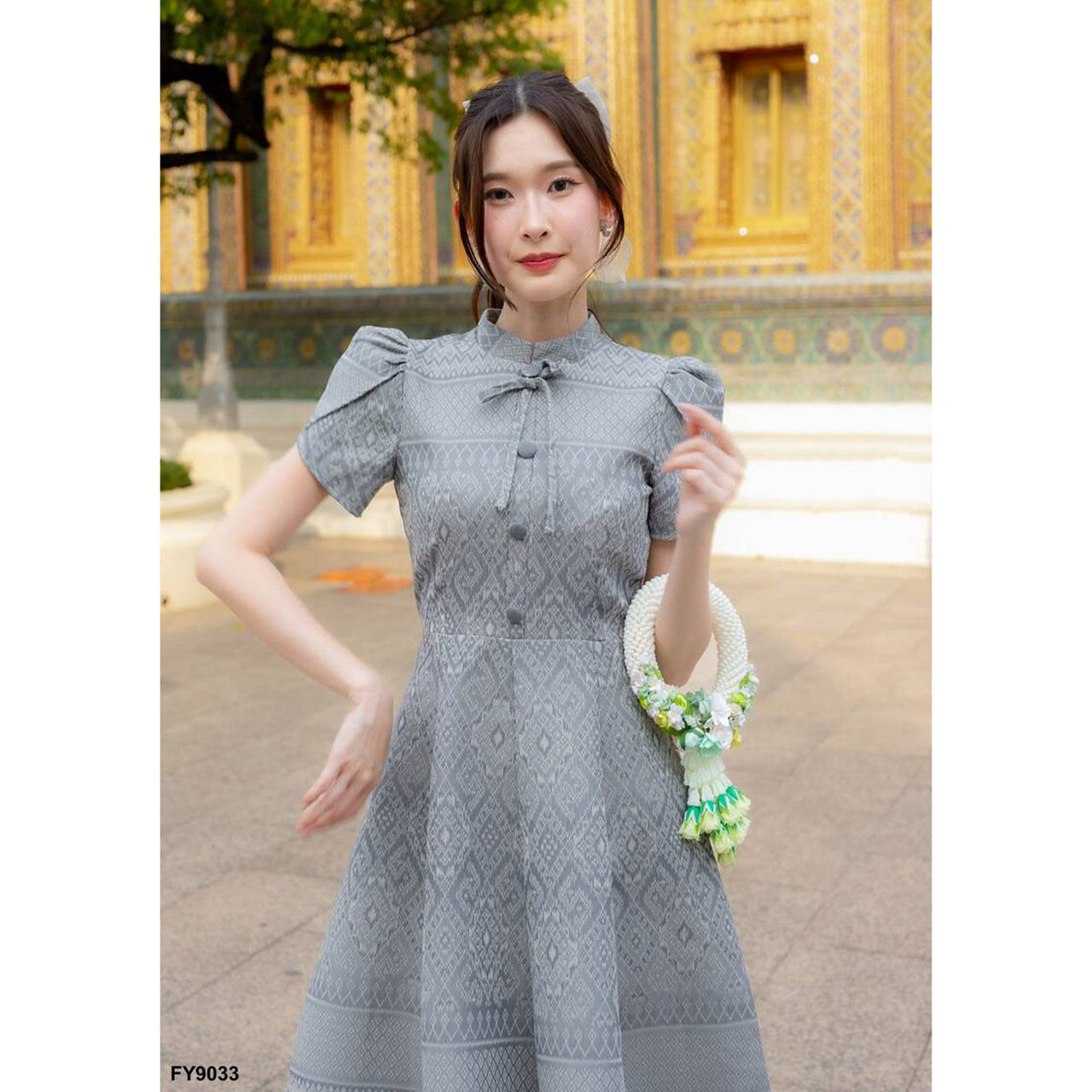 kudapy เดรสสั้นสีม่วง/สีเทา/สีเหลือง เดรสไทยทรงบานแขนกลีบบัว