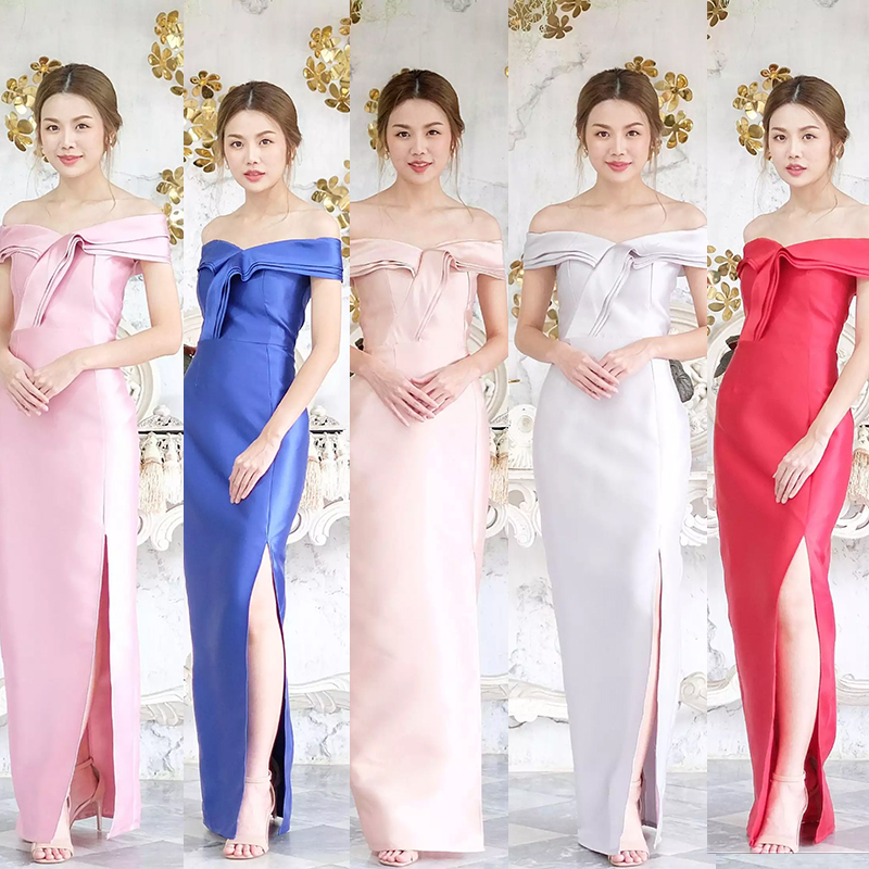 kudapy ชุดราตรียาวใส่ออกงาน สีชมพูโรสโกลด์,สีแดง ,สีเทาเงิน, สีทอง, สีน้ำเงิน ,สีชมพู เดรสเปิดไหล่ โคว้อกทรงเข้ารูป งานมีซับใน สวยมากๆ