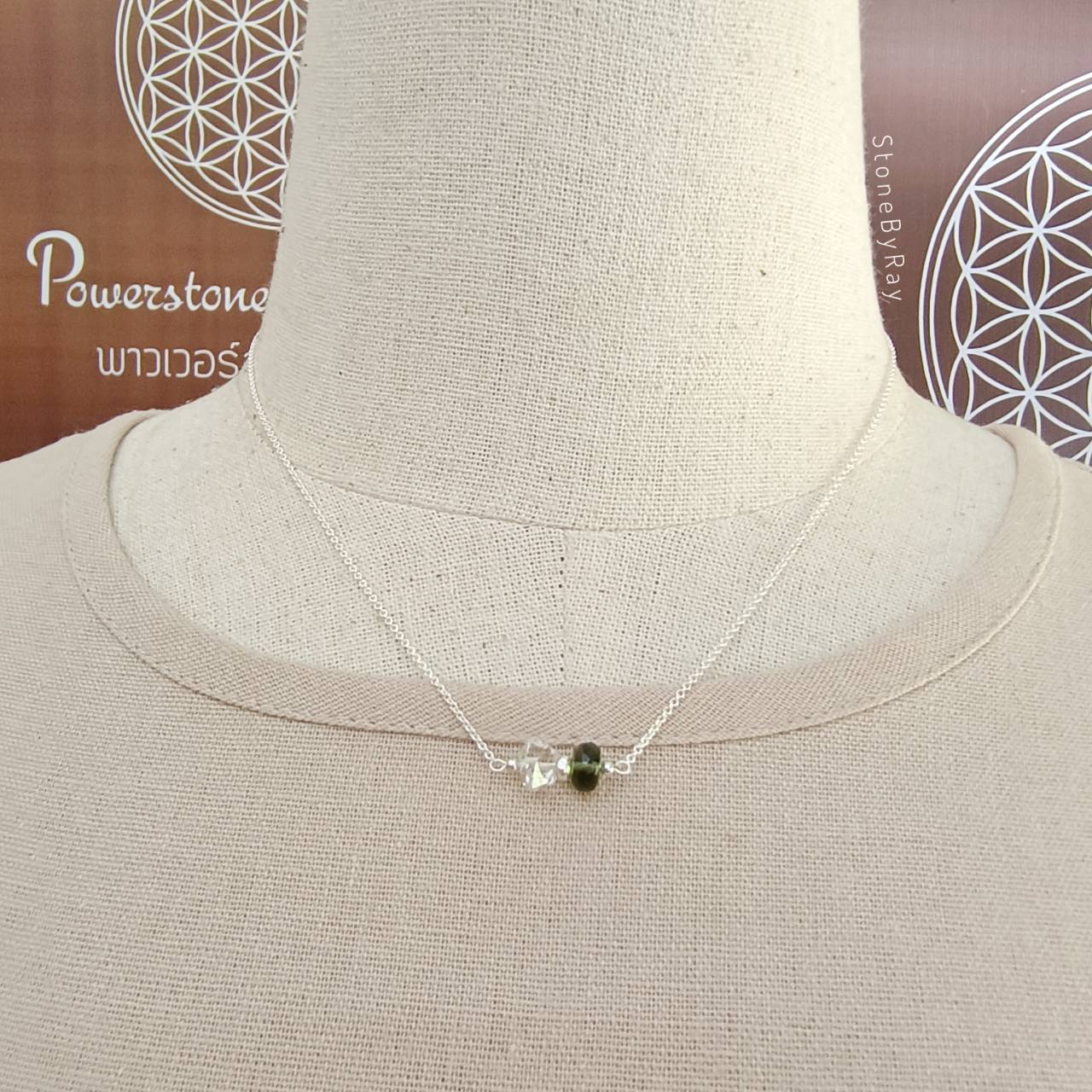 สร้อยคอเงินจี้สะเก็ดดาวโมดาไวต์กับเฮอร์คิเมอร์ไดม่อน Moldavite+Herkimer Diamond