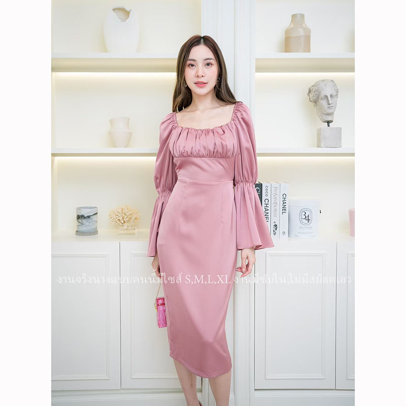 kudapy เดรสสั้นสีชมพู,กรม,น้ำตาลอิฐ สวยจับจีบแขนระบาย ผ้าเครปซาตินเนื้อดีมีซับใน ใส่ออกงาน ใส่ทำงาน