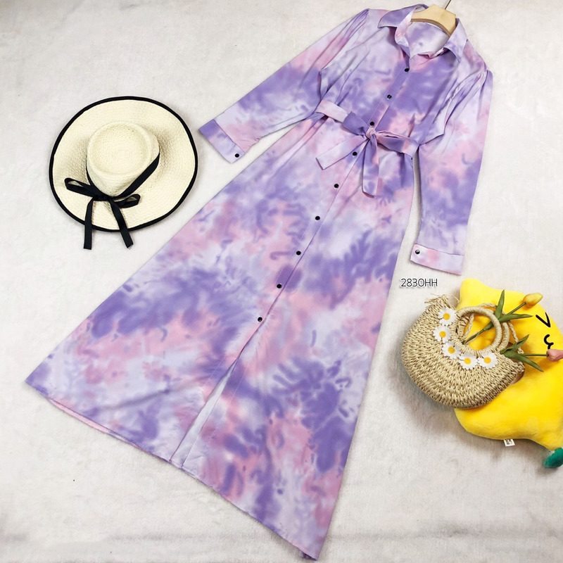 kudapy เดรสยาวสีม่วง/สีเหลือง/สีฟ้า/สีชมพู ผ้า 100D ลายมัดย้อมสีพาสเทล ผ้านิ่มทิ้งตัวใส่สบายสวยมาก