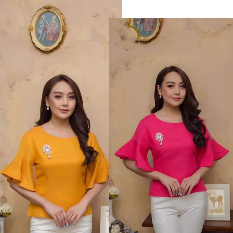 kudapy เสื้อผ้าลินินสีบานเย็นม/สีเหลือง แขนระบาย ปิดแขนได้ดี (เฉพาะเสื้อ)