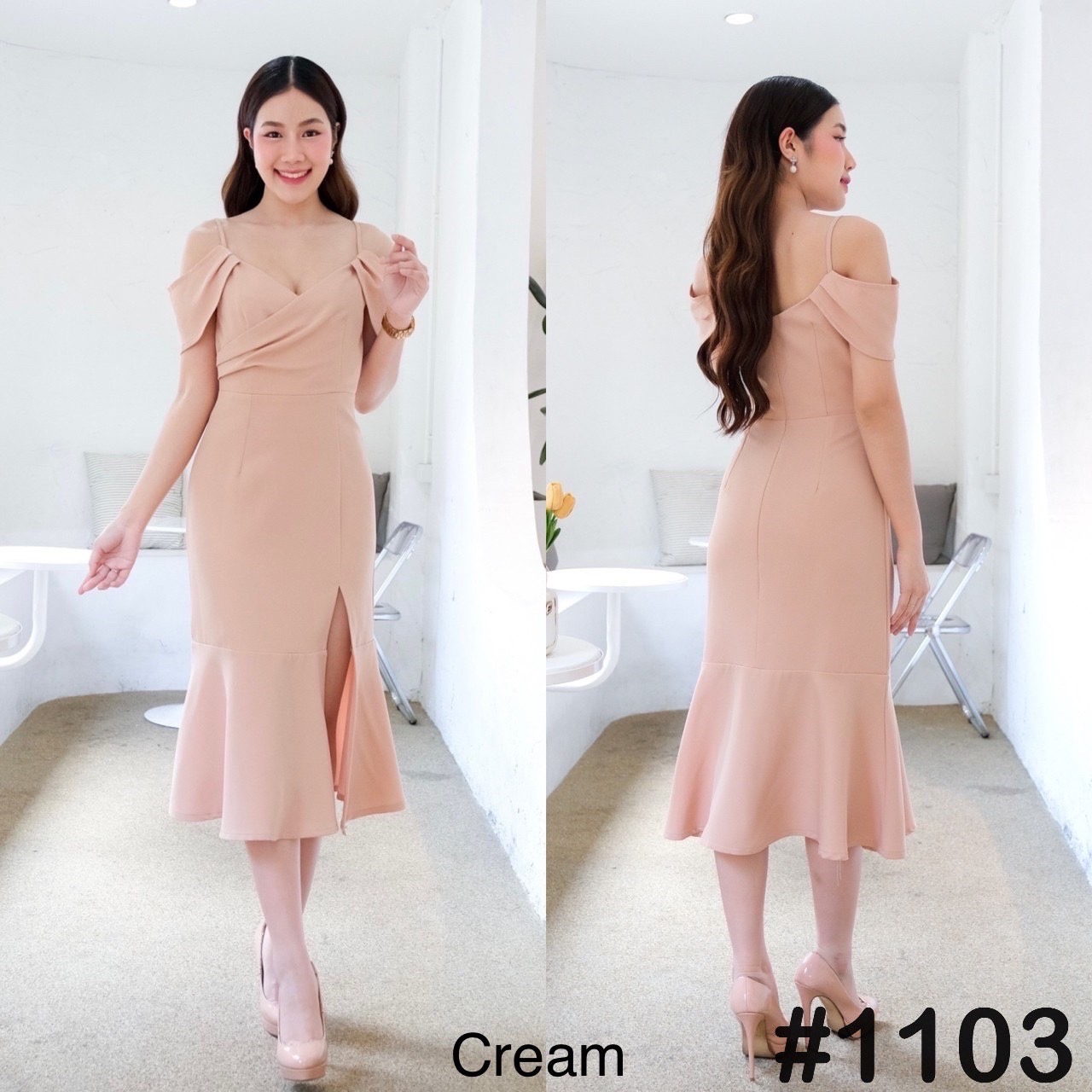 kudapy เดรสสั้นสีกรม/แดง/ขาว/ส้มโอรส/ชมพู/เขียวพิตาชิโอ้ สายเดี่ยว จับจีบอกไขว้ กระโปรงหางปลา ระบายพริ้ว ผ่าหน้าสูง