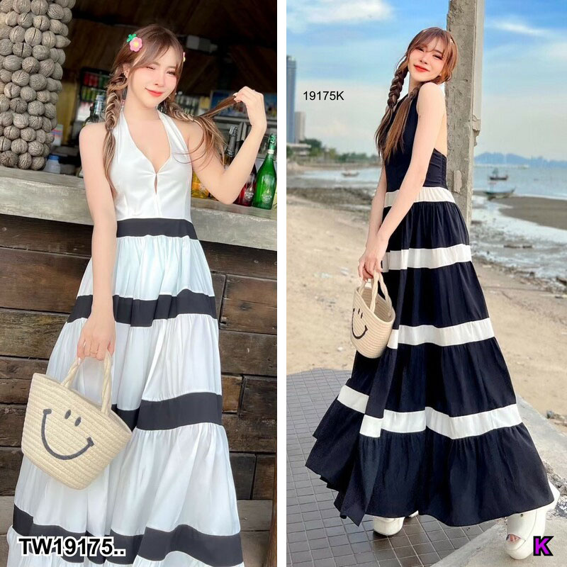 kudapy เดรสยาวคล้องคอ แต่งทูโทน สวย หรู ดีเทลตัวเสื้อด้านบนเป็นคล้องคอ ด้านหลังเป็นสม็อค ตัวกระโปรงแต่งทูโทนสลับเป็นชั้น