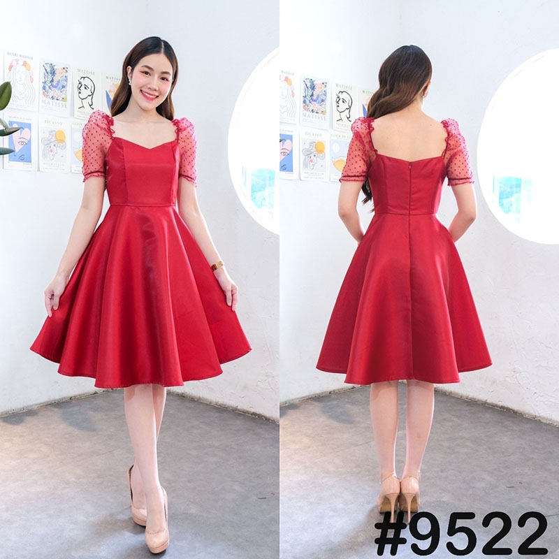 kudapy เดรสสั้นสีขาว ทอง แดง ชมพู กรม เทาเงิน ผ้าแก้วแขนตุ๊กตา