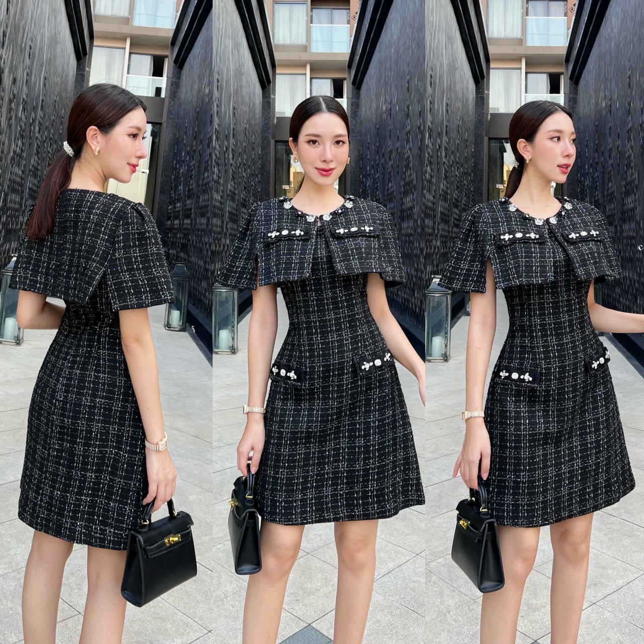 kudapy ชุดเซ็ทเดรสเนื้อผ้าทวิต เนื้อผ้านุ่ม ใส่สบาย มีซับในทั้งชุด เดรสมีฟองน้ำในตัว มาพร้อมเสื้อคลุม ตกแต่งอะไหล่เพชร และปักอะไหล่ดอกไม้